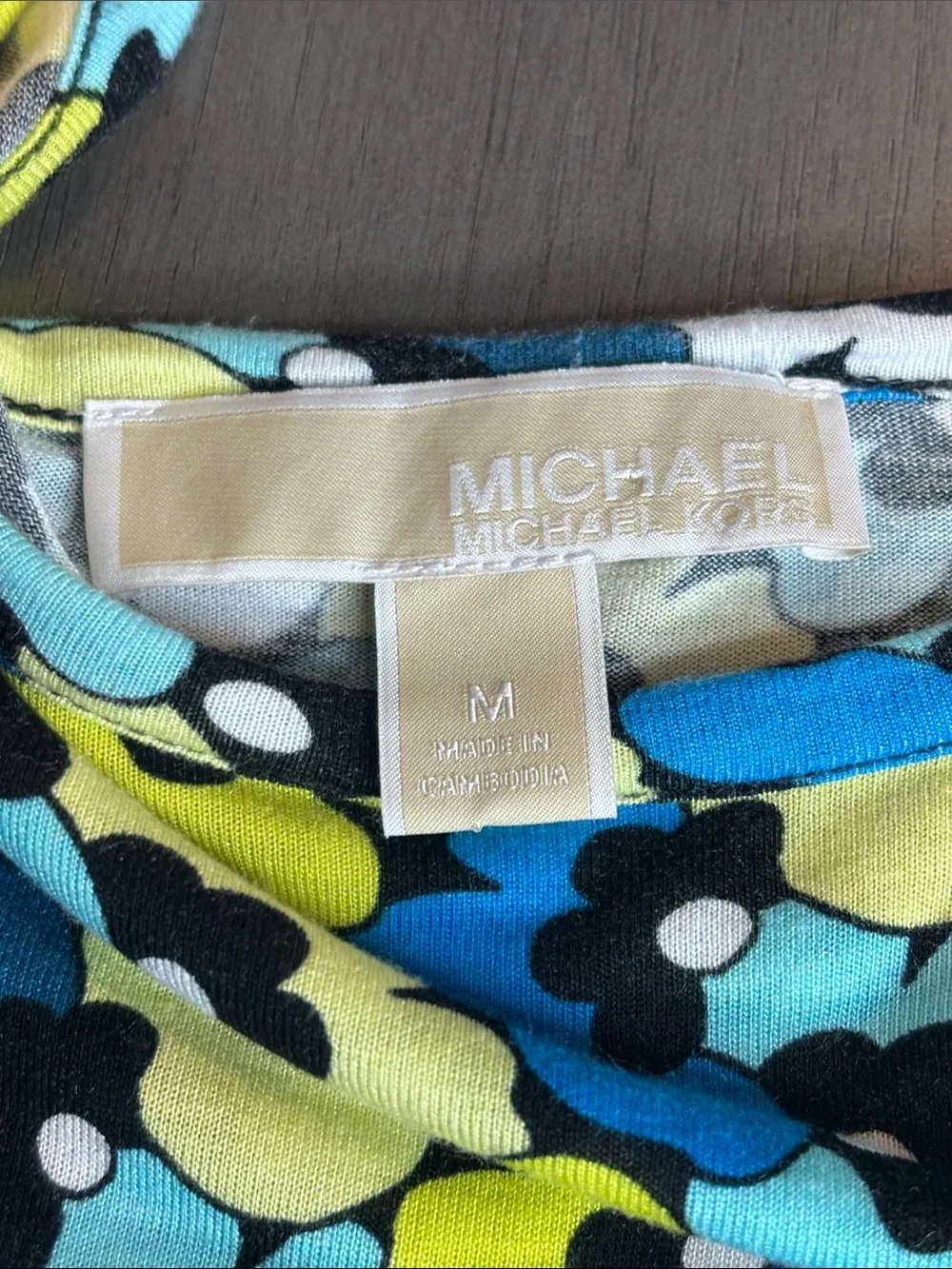 💙 Michael Kors Blue Yellow Floral Fit & Flare Dress Medium Stretch Short Sleeve